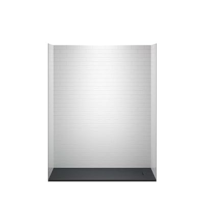 WOODBRIDGE 60 in. L x 32 in. W x 75 in. H Alcove Solid Surface Shower Combo Kits with Glue Up Shower Walls in High Gloss White and Curbless Shower Base with Reversible Drain in Black