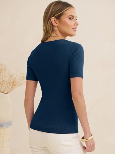 ANRABESS Womens Short Sleeve Sweaters Wool Blend Summer Scoop Neck Casual Business Knit Shirts Slim Fit Work Tops Outfits Dark Teal Medium — view 6