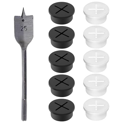 WUSANNA Kabeldurchführung Gummi 10-teiliger Set 25mm runde Kabeldurchführung, Kabeldurchführung Schreibtisch,Tisch Kabelmanagement mit 25mm Bohrer, Kabeldurchlass für Büro Arbeitsplatz (Weiß,Schwarz)