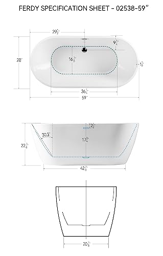 Ferdy Bali 59" Freestanding Bathtub,Gracefully Shaped Freestanding Soaking Tub, Glossy White, Cupc Certified, Chrome Drain & Classic Slooted Overflow Assembly Included #TOP4