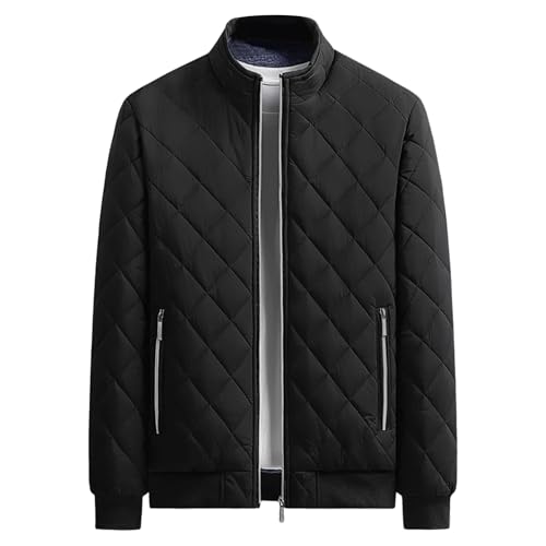 Abrigo estilo bomber para hombre, con cuello alto, de diamante, cálido, para invierno, con bolsillos, cremallera completa, abrigo casual grueso, Negro, L