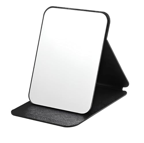 Image of Folding Portable Makeup Mirror with Adjustable Stand | HD Frameless Beveled Design | Travel-Friendly PU Leather Vanity Mirror for Desk, Dresser & Bathroom,Rectangular (Black Round Edge Mirror)