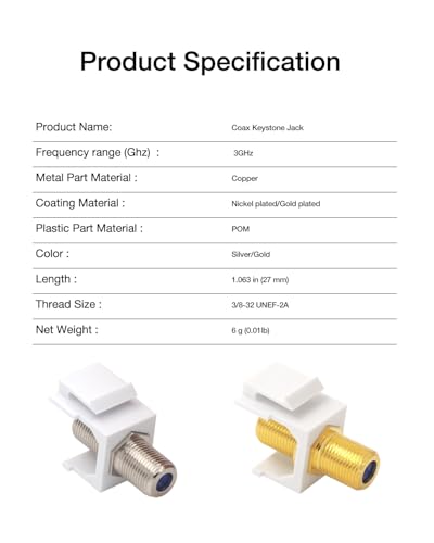 VCE Coax Keystone Jack 3GHz RG6 F-Type Gold-Plated Female Connector 5-Pack