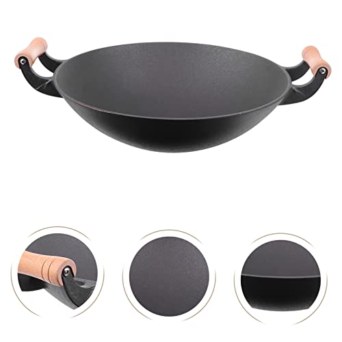 Wok de hierro fundido grueso con mango de madera antiadherente miniatura 2