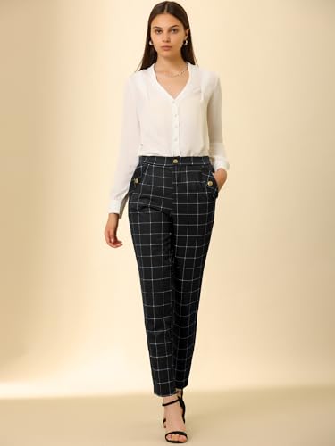 Allegra K Women's Vintage Tartan Plaid Pants Elastic Waist Straight Long Trousers2