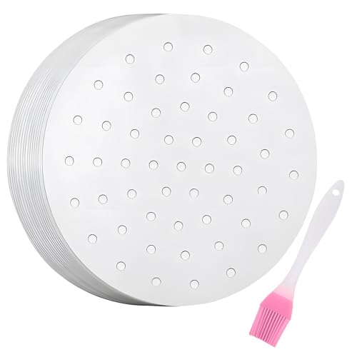 Non Stick Perforated Parchment Sheets, 200PCS 7 Inch Pre-Cut Air Fryer Paper Liners & 1 Pastry Brush, Disposable Baking Paper for Even Cooking, Easy Cleanup in Oven, Toaster, Steamer