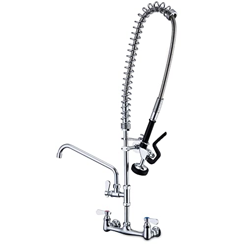 Favorpo - Grifo comercial de montaje en pared con rociador, grifo de fregadero de cocina montado en la pared de 35 pulgadas de altura con pulverizador de preenjuague extraíble y boquilla giratoria de