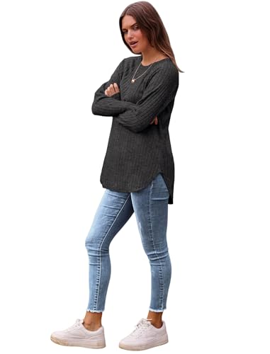 Image of Saloogoe Long Sleeve Shirts for Women 2025 Fall Clothes Tunic Tops Loose Fit Dressy Crewneck Pullover Sweaters Curved Hem