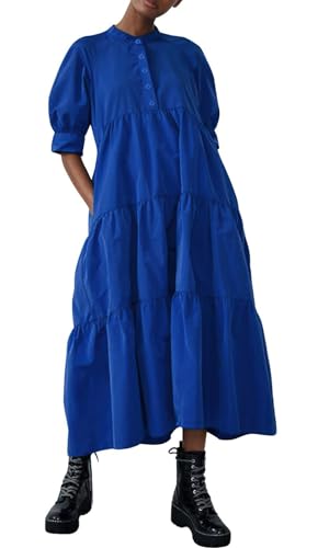 Image of chouyatou Women's Summer Puff Sleeve Maxi Tiered Babydoll Dress Casual A-Line Swing Long Shirt Dress