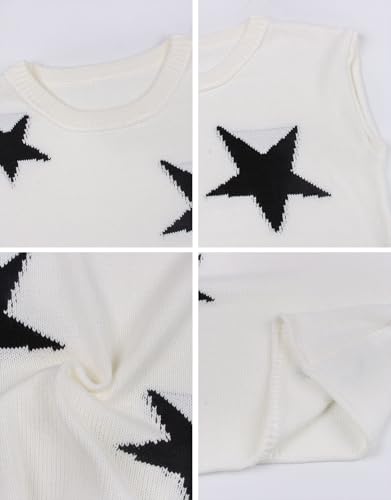 Image of Alsol Lamesa Women's Stars Pattern Cap Sleeve Sweater Vest 2024 Pullover Sleeveless Knit Crew Neck Tops, Large, 911 White