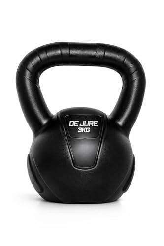 Image of De Jure Fitness PVC Kettlebell 3kg for Men & Women, Strength & Cardio Training, Soft Grip, Crushed Concrete Filled, Full Body Workout Equipment for Home & Gym (Black)
