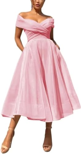 Off Shoulder Prom Dresses for Women Tulle Formal Party Dresses A-Line Evening Gowns Elegant Party Dresses with Pockets
