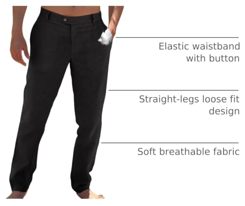 Image of Runcati Mens Casual Pants Elastic Waist Linen Dress Lightweight Straight-Legs Loose Fit Summer Beach Yoga Trousers