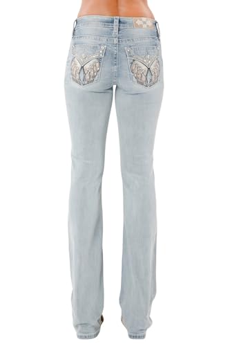 Miss Me Women's Niela Wing Embellished Faux Flap Pockets Mid-Rise Bootcut Jeans