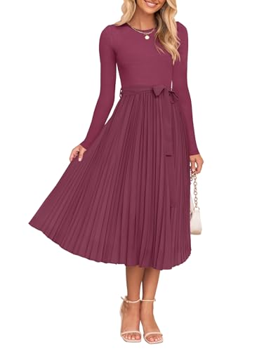 ZESICA Women's Fall Long Sleeve Midi Dress 2025 Casual Crewneck Knit Belted Pleated A Line Flowy Party Dresses