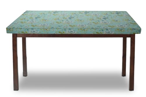Image of The Furnishing Tree Elastic Cotton Rectangular Dining Table Cover 36x63 in Inches Floral Golden Leaf on Blue Base