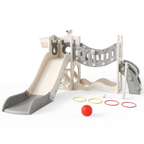 Tobogán para niños con aro de Baloncesto, tobogán temático de Alce, Parque Infantil Interior y Exterior, Kit de Juego de Escalada Independiente con tobogán para bebés (Beige Gris-8 en 1)