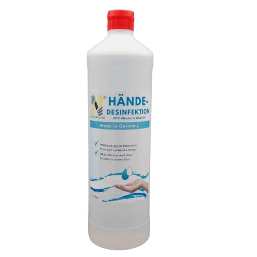 NURFUERDICH Hand Desinfektionsmittel Flasche 1 Liter | in 100ml Lösung enthalten 83,33ml Alkohol (96,6%), 4,14ml Wasserstoffperoxid (3%), 1,45ml Glycerin (98%)