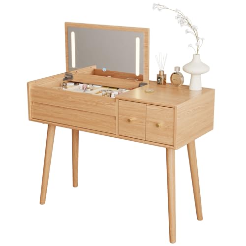 Solid Wood Vanity Desk With Flip Top Mirror And Lights, Mild Century Dressing Table Wooden 4 Drawers Storage, 40 Inch Large Make Up Vanity With 3 Lighting Modes Original, Wood Color (With Adapter)