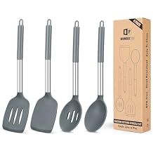 Pack of 4 Silicone Cooking Utensils Set, Non Stick Large Solid Spatulas, Heat Resistant Gray Slotted Spoons, Ideal BPA Free Kitchen Turners for Frying, Mixing,Serving,Draining,Turning,Stirring