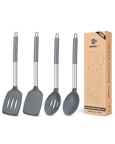 Pack of 4 Silicone Cooking Utensils Set, Non Stick Large Solid Spatulas, Heat Resistant Gray Slotted Spoons, Ideal BPA Free Kitchen Turners for Frying, Mixing,Serving,Draining,Turning,Stirring