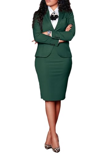 Ptorlio Women’s 2 Piece Outfits Blazer Suit Long Sleeve Work Business Office Jacket Midi Pencil Skirt Set
