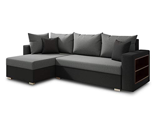 Ecksofa Lord mit praktischen Regal - Sofa mit Bettkasten und Schlaffunktion, Schlafsofa, Polsterecke, Couch L-Form, Couchgarnitur, Sofagarnitur (Schwarz + Grau (Alova 04 + 10), Ecksofa Links)