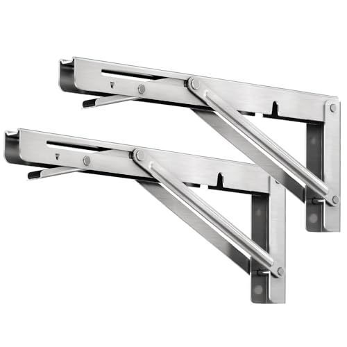 LSK 10 Inch Folding Shelf Brackets, Heavy Duty Stainless Steel Shelf Bracket Collapsible Shelf Brackets for Work Bench, Space Saving DIY L Bracket for Table, Max Load 220LBS, Pack of 2