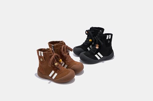 Kids High-Top Suede Boots with Side Pocket, Double Stripes, Brown and Black, Wooden Bead Laces4