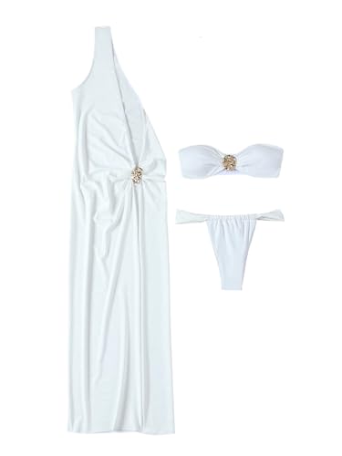 SOLY HUX Women's 3 Piece Swimsuit Bandeau Bikini Set Bathing Suit with Cover Up Dress