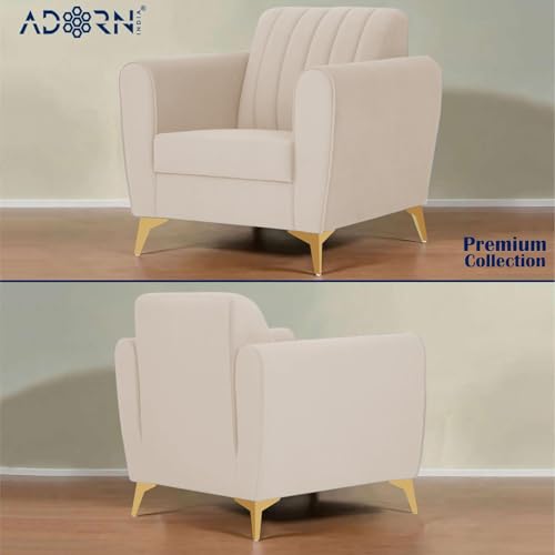 Image of Adorn India Premium Luster 3-1-1 Sofa Set | Velvet Suede Fabric | 3-Year Warranty | Color Cream with Golden Legs & Striped Pattern Cushion