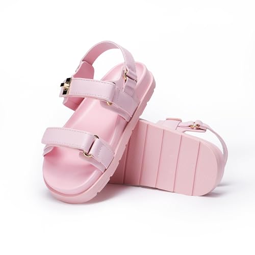 Image of FabKids Girl's Flat Sandals Comfort Adjustable Double Strap Slip on Leather Footbed Sandals for Toddler Little Kid Big Kid