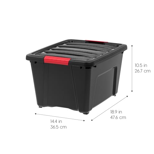 Image of IRIS USA 32 Qt Stackable Plastic Storage Bins with Lids, 6 Pack - BPA-Free, Made in USA - Garage Organizing Solution, Latches, Durable Nestable Containers, Secure Pull Handle - Black