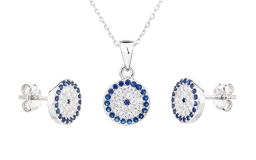 MYSTIC JEWELS - Conjunto de Joyería de Plata de ley 925 - Ojo Turco con Circonitas - Colgante con Cadena y Pendientes en Plata de Ley Baño Rodio