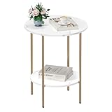CAMOAT Side Table, Round End Table with 2 Storage Shelves, Compact Living Room Accent Table, Space-Saving Small Bedside Table, 18x18x22in, Marble White
