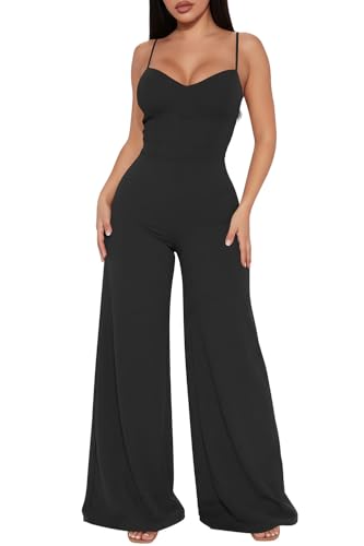 Hocuos Jumpsuits for Women Sleeveless Spaghetti Straps Wide Leg Long Pants Elegant Dressy Corset Jumpsuit Casual Overalls Black S
