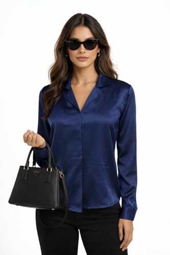 Image of Cuban Collar Cuffed Sleeves Formal Satin Shirt Style Top