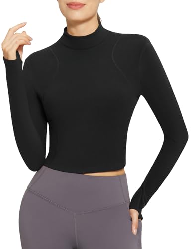 Baleaf Thermal Shirts Long Sleeve Crop Top For Women Mock Turtleneck Wrokout Tops With Thumbholes For Yoga Running Base Layer Black M cover