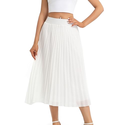 TEERFU Women's Casual High Waist A Line Pleated Midi Swing Skirt Stretch Waist White M