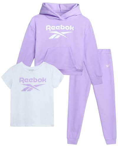 Reebok Girls Sweat Suit Set - 3 Piece Matching Set with Short Sleeve Graphic Tee Sweatpants and Hoodies for Teen Girls