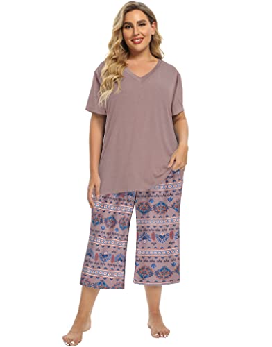 Image of Vozanet Women's V Neck Sexy Pajamas Capri Sets Mexican Style Floral Sleepwear 2PCS Totem Casual Nighty Plus Size M to 5XL
