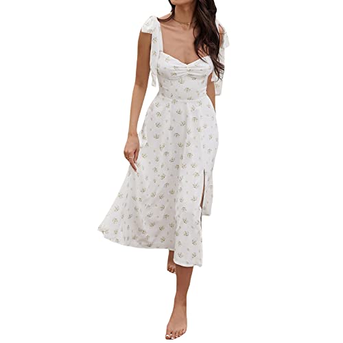 Women Sleeveless Backless Tie Strap Midi Dress Solid Color/Floral Print Backless Split Cocktail Dress (Color : Green Floral, Size : M.)