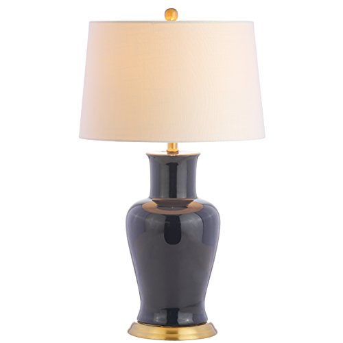 JONATHAN Y 29' Navy Traditional Ceramic Urn LED Table Lamp for Bedroom Decor, White Linen Drum...