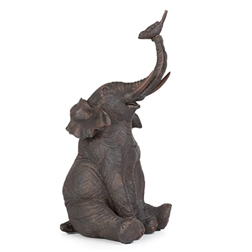 Moritz Figura decorativa de pájaro en probóscide de elefante juguetón de poliresina, color marrón oscuro, idea decorativa, decoración de pie, estatua de fauna africana, escultura