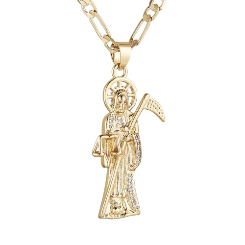 HZMAN Santa Muerte Necklace for Men Retro Gothic 14K Gold Plated Grim Reaper Saint Death Sickle Skull Pendant Party Jewelry Gift