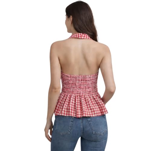 Image of Muhib Women's Halter Neck Sleeveless Cotton Top | Black & White Gingham Check Twist Front Summer Top | Stylish Casual Crop Blouse for Women