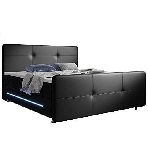 Juskys Boxspringbett Oakland 180x200 cm - LED Beleuchtung, Bonell...