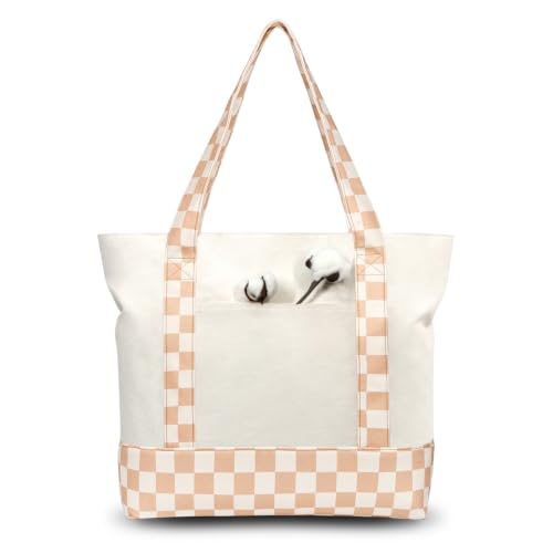 Image of TOPDesign 1-Pack Canvas Tote Bag with an External Pocket, Reusable Grocery Shopping Bag, Top Zipper Closure, Daily Essentials (Khaki Checkered /Natural)
