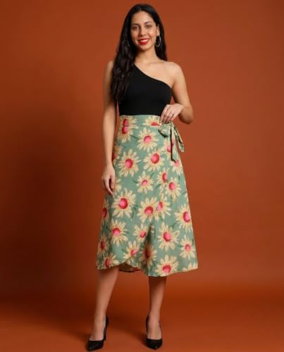 Image of GirlCode Women's Boho Floral Print Wrap Front Self Tie Knot Midi Skirt Women & Girls