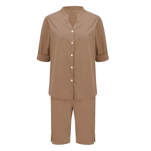 Conjunto de lino para mujer contra el calor con pantalón hasta la rodilla 3